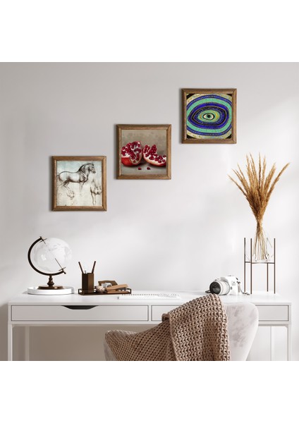 Nazar, Leonardo da Vinci At Heykeli, Nar Taş Duvar Tablosu Ahşap Çerçeveli Duvar Dekoru 3 Parça Tablo Seti Wall Art W3-1323
