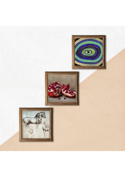 Nazar, Leonardo da Vinci At Heykeli, Nar Taş Duvar Tablosu Ahşap Çerçeveli Duvar Dekoru 3 Parça Tablo Seti Wall Art W3-1323