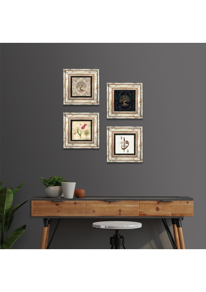 Elif Vav, Lale, Hayat Ağacı Çerçeveli Taş Duvar Tablosu 4’lü Set - Dekoratif Modern Sanat, Ev ve Ofis Dekoru |TK4-353|