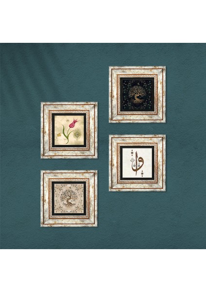 Elif Vav, Lale, Hayat Ağacı Çerçeveli Taş Duvar Tablosu 4’lü Set - Dekoratif Modern Sanat, Ev ve Ofis Dekoru |TK4-353| fırsatları