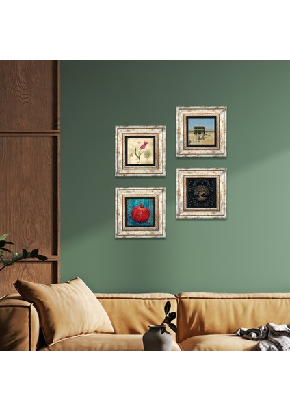 Hayat Ağacı, Lale, Kabe-i Muazzama, Nar Taş Duvar Tablosu Çerçeveli Duvar Dekoru 4 Parça Tablo Seti Wall Art T4-391