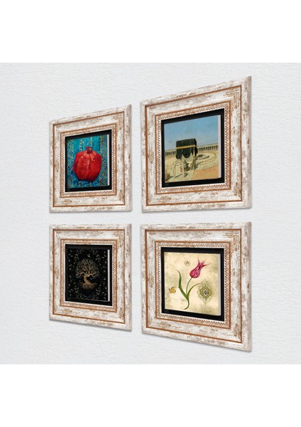 Hayat Ağacı, Lale, Kabe-i Muazzama, Nar Taş Duvar Tablosu Çerçeveli Duvar Dekoru 4 Parça Tablo Seti Wall Art T4-391 fiyatları