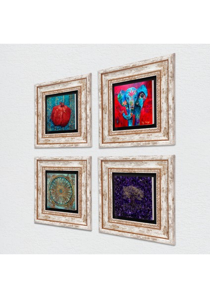 Hayat Ağacı, Fil, Yaşam Çiçeği, Nar Taş Duvar Tablosu Çerçeveli Duvar Dekoru 4 Parça Tablo Seti Wall Art T4-1278 fiyatları