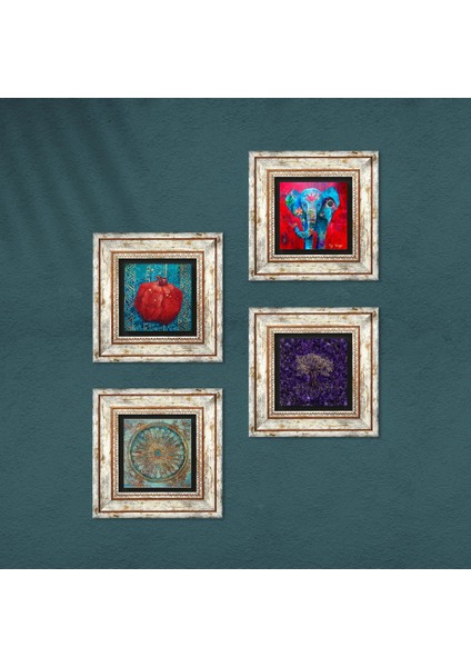 Hayat Ağacı, Fil, Yaşam Çiçeği, Nar Taş Duvar Tablosu Çerçeveli Duvar Dekoru 4 Parça Tablo Seti Wall Art T4-1278 fırsatları