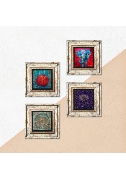Hayat Ağacı, Fil, Yaşam Çiçeği, Nar Taş Duvar Tablosu Çerçeveli Duvar Dekoru 4 Parça Tablo Seti Wall Art T4-1278 indirimleri