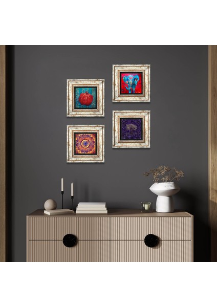 Mandala, Hayat Ağacı, Fil, Nar Taş Duvar Tablosu Çerçeveli Duvar Dekoru 4 Parça Tablo Seti Wall Art T4-1284