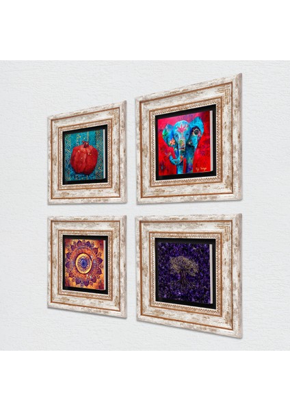 Mandala, Hayat Ağacı, Fil, Nar Taş Duvar Tablosu Çerçeveli Duvar Dekoru 4 Parça Tablo Seti Wall Art T4-1284