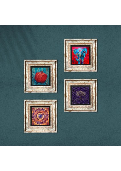 Mandala, Hayat Ağacı, Fil, Nar Taş Duvar Tablosu Çerçeveli Duvar Dekoru 4 Parça Tablo Seti Wall Art T4-1284