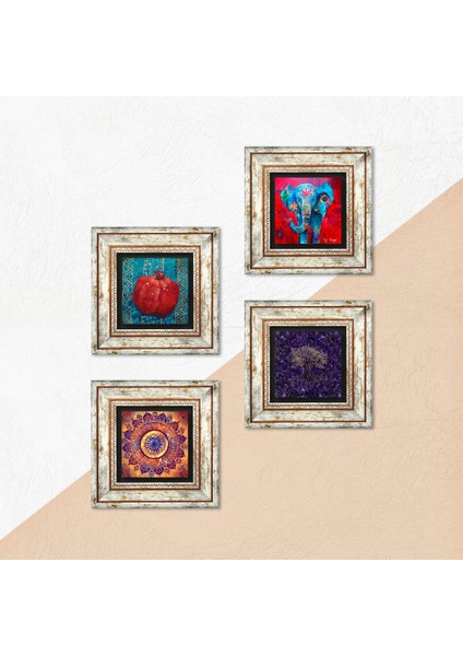 Mandala, Hayat Ağacı, Fil, Nar Taş Duvar Tablosu Çerçeveli Duvar Dekoru 4 Parça Tablo Seti Wall Art T4-1284