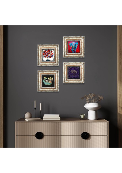 Hayat Ağacı, Fil, Şahmeran, Nar Ağacı Çerçeveli Taş Duvar Tablosu 4’lü Set - Dekoratif Modern Sanat, Ev ve Ofis Dekoru |TK4-1292|