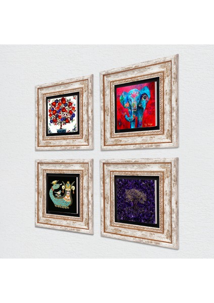 Hayat Ağacı, Fil, Şahmeran, Nar Ağacı Çerçeveli Taş Duvar Tablosu 4’lü Set - Dekoratif Modern Sanat, Ev ve Ofis Dekoru |TK4-1292| fiyatları
