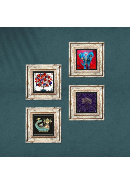 Hayat Ağacı, Fil, Şahmeran, Nar Ağacı Çerçeveli Taş Duvar Tablosu 4’lü Set - Dekoratif Modern Sanat, Ev ve Ofis Dekoru |TK4-1292| fırsatları