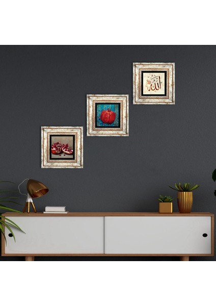 Allah Lafzı, Nar Taş Duvar Tablosu Çerçeveli Duvar Dekoru 3 Parça Tablo Seti Wall Art T3-808