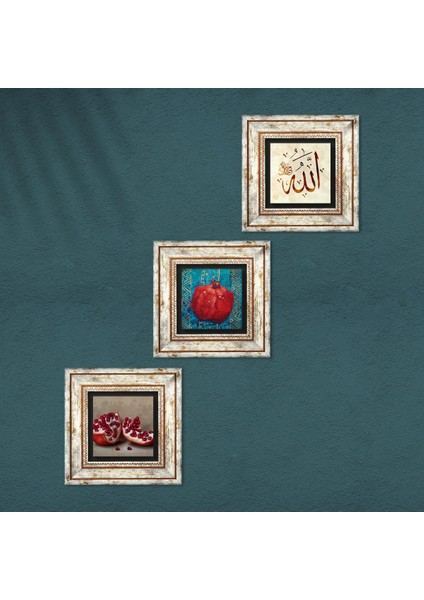 Allah Lafzı, Nar Taş Duvar Tablosu Çerçeveli Duvar Dekoru 3 Parça Tablo Seti Wall Art T3-808