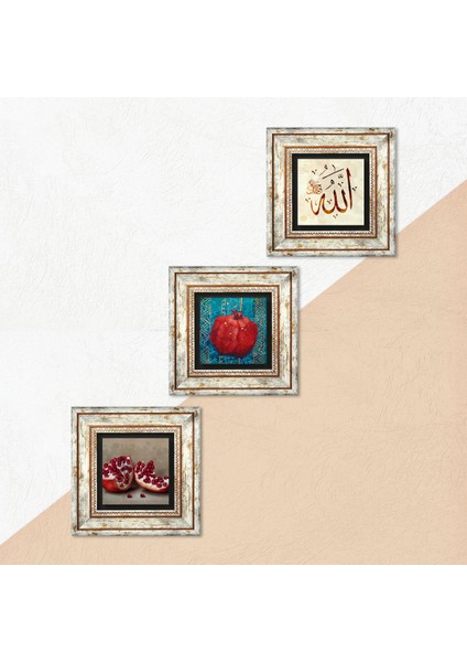 Allah Lafzı, Nar Taş Duvar Tablosu Çerçeveli Duvar Dekoru 3 Parça Tablo Seti Wall Art T3-808