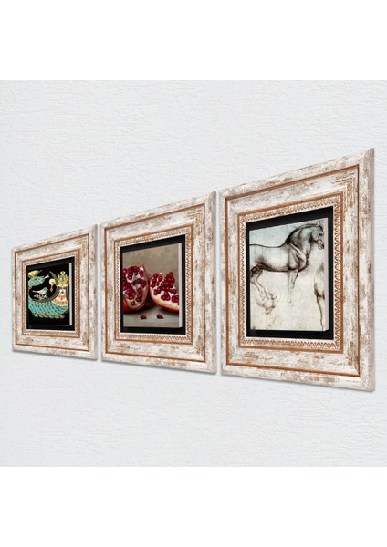 Stone Leonardo da Vinci At Heykeli, Şahmeran, Nar Çerçeveli Taş Duvar Tablosu 3’lü Set - Dekoratif Modern Sanat, Ev ve Ofis Dekoru |TK3-958| fiyatları