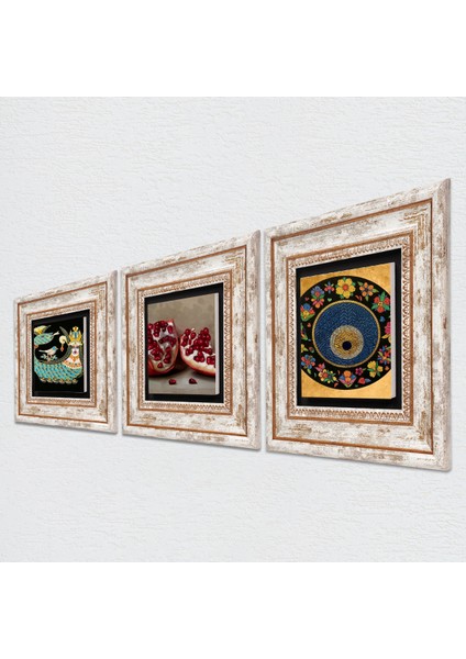 Nazar Boncuğu, Şahmeran, Nar Çerçeveli Taş Duvar Tablosu 3’lü Set - Dekoratif Modern Sanat, Ev ve Ofis Dekoru |TK3-980| fiyatları