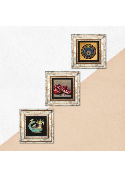 Nazar Boncuğu, Şahmeran, Nar Çerçeveli Taş Duvar Tablosu 3’lü Set - Dekoratif Modern Sanat, Ev ve Ofis Dekoru |TK3-980| indirimleri