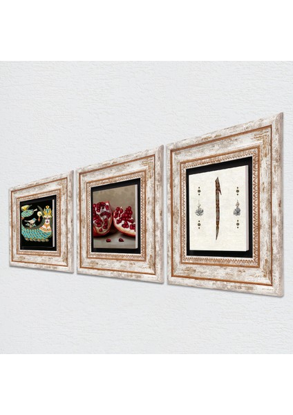 Elif, Şahmeran, Nar Çerçeveli Taş Duvar Tablosu 3’lü Set - Dekoratif Modern Sanat, Ev ve Ofis Dekoru |TK3-988| fiyatları
