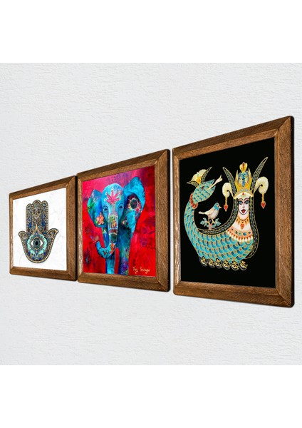 Fil, Şahmeran, Fatma Ana Eli (Hamsa) Ahşap Çerçeveli Taş Duvar Tablosu 3’lü Set – 25x25 cm Dekoratif Modern Sanat – Ev ve Ofis Dekoru |W3-77| fiyatları