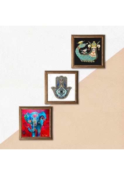 Fil, Şahmeran, Fatma Ana Eli (Hamsa) Ahşap Çerçeveli Taş Duvar Tablosu 3’lü Set – 25x25 cm Dekoratif Modern Sanat – Ev ve Ofis Dekoru |W3-77| indirimleri