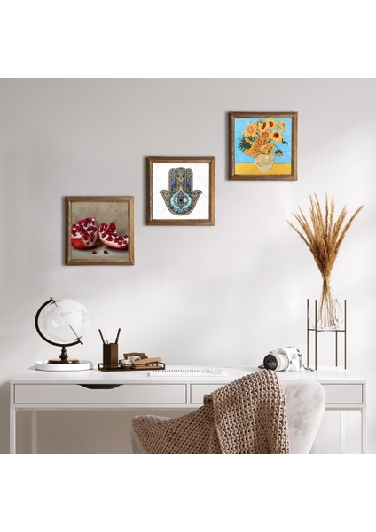 Van Gogh On İki Ayçiçekli Vazo, Nar, Fatma Ana Eli (Hamsa) Taş Duvar Tablosu Ahşap Çerçeveli Duvar Dekoru 3 Parça Tablo Seti Wall Art W3-771