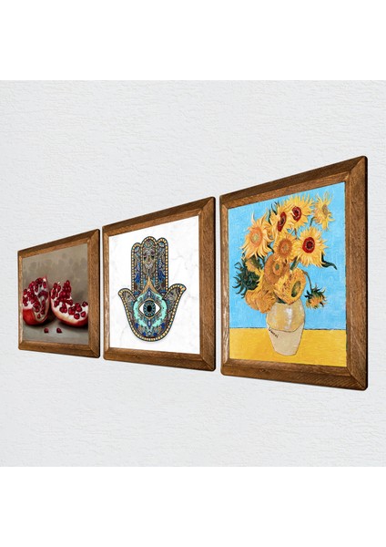 Van Gogh On İki Ayçiçekli Vazo, Nar, Fatma Ana Eli (Hamsa) Taş Duvar Tablosu Ahşap Çerçeveli Duvar Dekoru 3 Parça Tablo Seti Wall Art W3-771 fiyatları