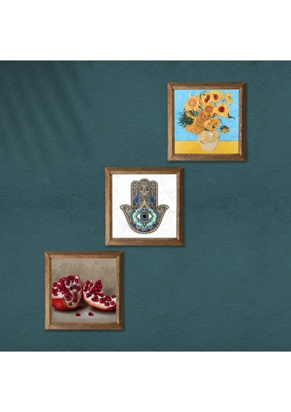Van Gogh On İki Ayçiçekli Vazo, Nar, Fatma Ana Eli (Hamsa) Taş Duvar Tablosu Ahşap Çerçeveli Duvar Dekoru 3 Parça Tablo Seti Wall Art W3-771 modelleri