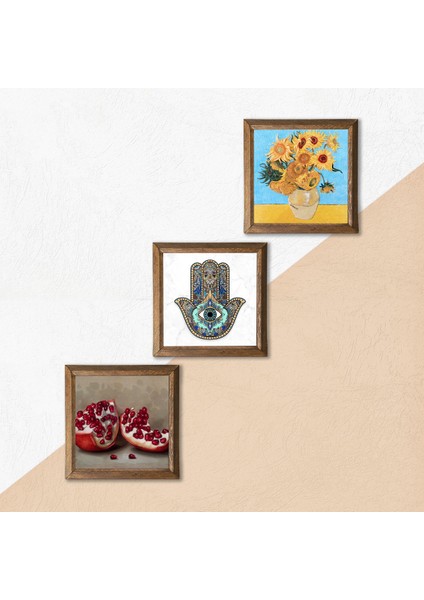 Van Gogh On İki Ayçiçekli Vazo, Nar, Fatma Ana Eli (Hamsa) Taş Duvar Tablosu Ahşap Çerçeveli Duvar Dekoru 3 Parça Tablo Seti Wall Art W3-771 indirimleri