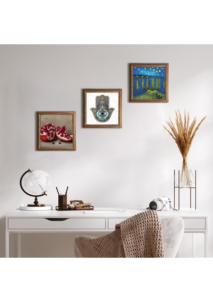 Stone Van Gogh Ren Nehri, Nar, Fatma Ana Eli Ahşap Çerçeveli Taş Duvar Tablosu 3’lü Set – 25x25 cm Dekoratif Modern Sanat – Ev ve Ofis Dekoru |W3-776|