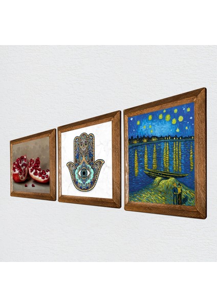 Stone Van Gogh Ren Nehri, Nar, Fatma Ana Eli Ahşap Çerçeveli Taş Duvar Tablosu 3’lü Set – 25x25 cm Dekoratif Modern Sanat – Ev ve Ofis Dekoru |W3-776| fiyatları