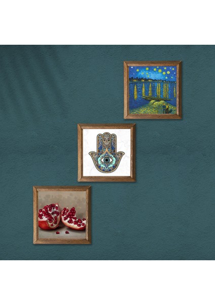 Stone Van Gogh Ren Nehri, Nar, Fatma Ana Eli Ahşap Çerçeveli Taş Duvar Tablosu 3’lü Set – 25x25 cm Dekoratif Modern Sanat – Ev ve Ofis Dekoru |W3-776| modelleri