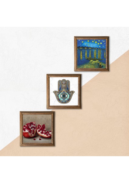 Stone Van Gogh Ren Nehri, Nar, Fatma Ana Eli Ahşap Çerçeveli Taş Duvar Tablosu 3’lü Set – 25x25 cm Dekoratif Modern Sanat – Ev ve Ofis Dekoru |W3-776| indirimleri