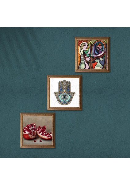 Picasso Ayna Karşısındaki Kız, Nar, Fatma Ana Eli (Hamsa) Ahşap Çerçeveli Taş Duvar Tablosu 3’lü Set – 25x25 cm Dekoratif Modern Sanat – Ev ve Ofis Dekoru |W3-777| modelleri