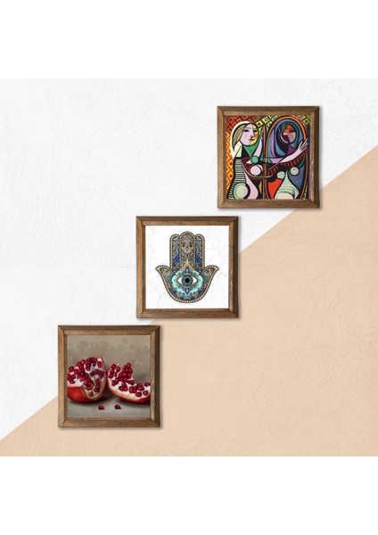 Picasso Ayna Karşısındaki Kız, Nar, Fatma Ana Eli (Hamsa) Ahşap Çerçeveli Taş Duvar Tablosu 3’lü Set – 25x25 cm Dekoratif Modern Sanat – Ev ve Ofis Dekoru |W3-777| indirimleri