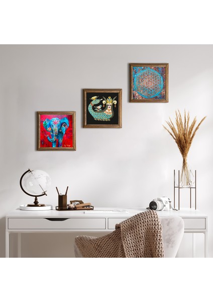 Stone Fil, Yaşam Çiçeği, Şahmeran Ahşap Çerçeveli Taş Duvar Tablosu 3’lü Set – 25x25 cm Dekoratif Modern Sanat – Ev ve Ofis Dekoru |W3-78|