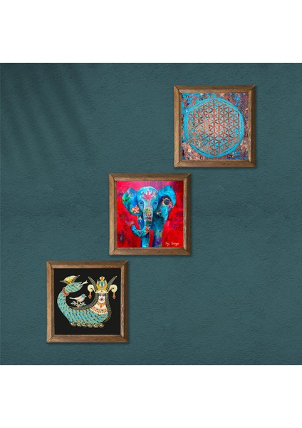 Stone Fil, Yaşam Çiçeği, Şahmeran Ahşap Çerçeveli Taş Duvar Tablosu 3’lü Set – 25x25 cm Dekoratif Modern Sanat – Ev ve Ofis Dekoru |W3-78| modelleri