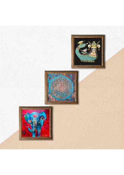 Stone Fil, Yaşam Çiçeği, Şahmeran Ahşap Çerçeveli Taş Duvar Tablosu 3’lü Set – 25x25 cm Dekoratif Modern Sanat – Ev ve Ofis Dekoru |W3-78| indirimleri