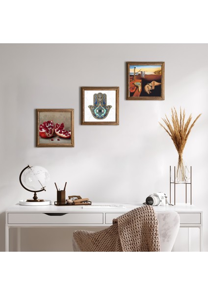 Salvador Dalí Belleğin Azmi, Nar, Fatma Ana Eli (Hamsa) Taş Duvar Tablosu Ahşap Çerçeveli Duvar Dekoru 3 Parça Tablo Seti Wall Art W3-782