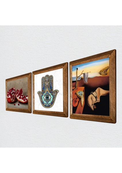 Salvador Dalí Belleğin Azmi, Nar, Fatma Ana Eli (Hamsa) Taş Duvar Tablosu Ahşap Çerçeveli Duvar Dekoru 3 Parça Tablo Seti Wall Art W3-782 fiyatları