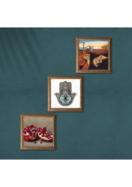 Salvador Dalí Belleğin Azmi, Nar, Fatma Ana Eli (Hamsa) Taş Duvar Tablosu Ahşap Çerçeveli Duvar Dekoru 3 Parça Tablo Seti Wall Art W3-782 modelleri