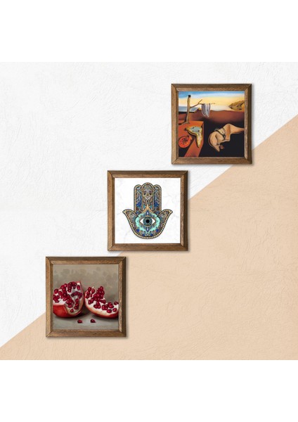 Salvador Dalí Belleğin Azmi, Nar, Fatma Ana Eli (Hamsa) Taş Duvar Tablosu Ahşap Çerçeveli Duvar Dekoru 3 Parça Tablo Seti Wall Art W3-782 indirimleri