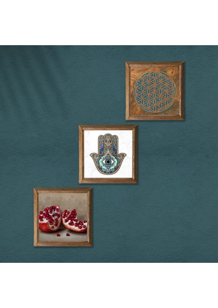 Yaşam Çiçeği, Nar, Fatma Ana Eli (Hamsa) Ahşap Çerçeveli Taş Duvar Tablosu 3’lü Set – 25x25 cm Dekoratif Modern Sanat – Ev ve Ofis Dekoru |W3-783| modelleri