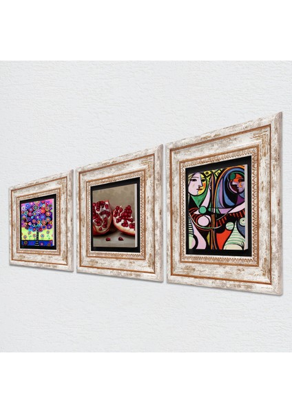 Picasso Ayna Karşısındaki Kız, Hayat Ağacı, Nar Taş Duvar Tablosu Çerçeveli Duvar Dekoru 3 Parça Tablo Seti Wall Art T3-1074