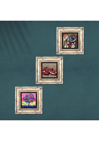 Picasso Ayna Karşısındaki Kız, Hayat Ağacı, Nar Taş Duvar Tablosu Çerçeveli Duvar Dekoru 3 Parça Tablo Seti Wall Art T3-1074