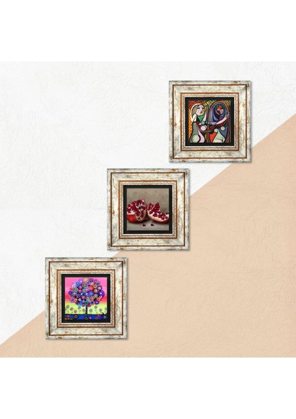 Picasso Ayna Karşısındaki Kız, Hayat Ağacı, Nar Taş Duvar Tablosu Çerçeveli Duvar Dekoru 3 Parça Tablo Seti Wall Art T3-1074