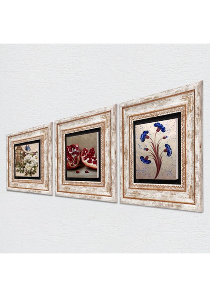 Ebru Sanatı, Kelebekli Çiçek, Nar Taş Duvar Tablosu Çerçeveli Duvar Dekoru 3 Parça Tablo Seti Wall Art T3-1105