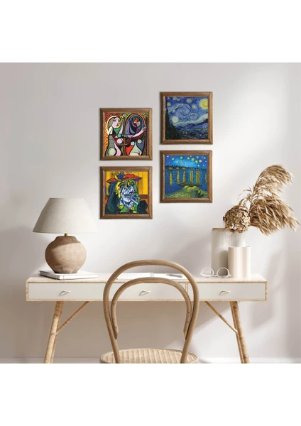 Picasso, Van Gogh Taş Duvar Tablosu Ahşap Çerçeveli Duvar Dekoru 4 Parça Tablo Seti Wall Art W4-689