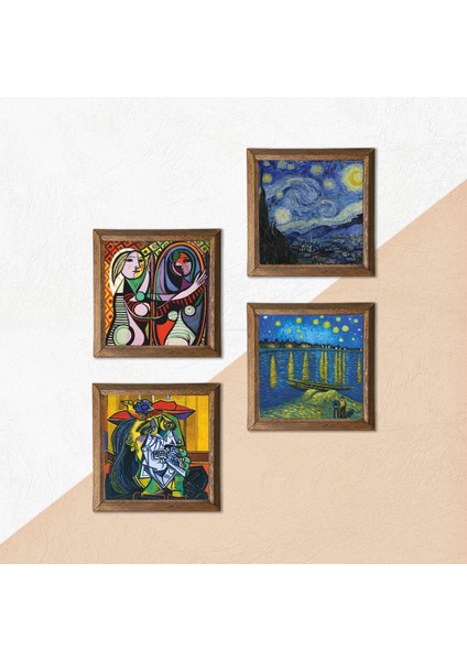 Picasso, Van Gogh Taş Duvar Tablosu Ahşap Çerçeveli Duvar Dekoru 4 Parça Tablo Seti Wall Art W4-689