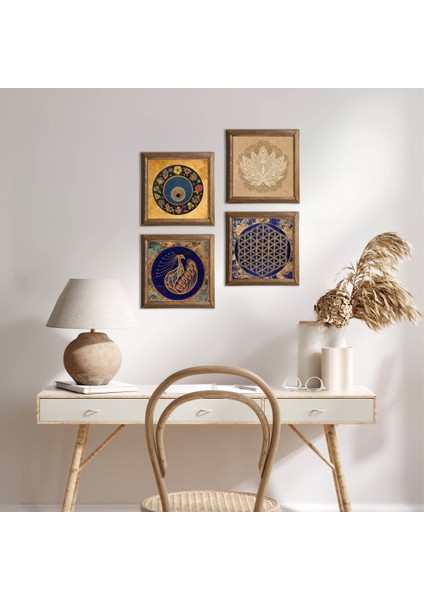 Tavus Kuşu, Lotus Çiçeği, Yaşam Çiçeği, Nazar Taş Duvar Tablosu Ahşap Çerçeveli Duvar Dekoru 4 Parça Tablo Seti Wall Art W4-808
